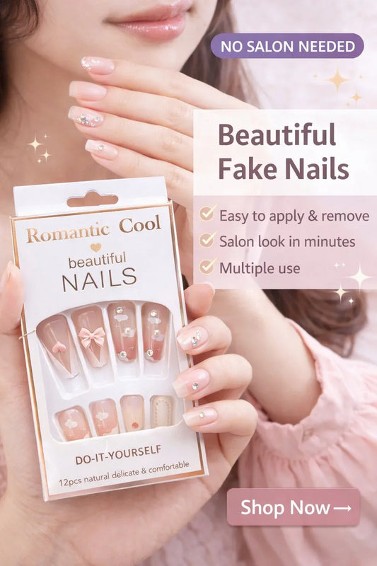 12 Pcs Press On Nails for Girls | Nude Blush Pink Artificial Fake Nails | DIY Reusable Nail Set - HAMARA BAZAR