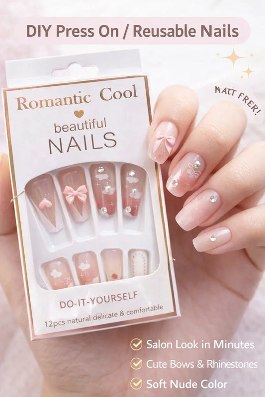 12 Pcs Press On Nails for Girls | Nude Blush Pink Artificial Fake Nails | DIY Reusable Nail Set - HAMARA BAZAR